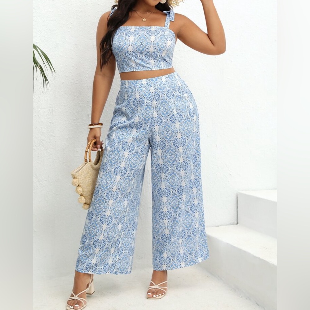 Blue and white jumpsuit set